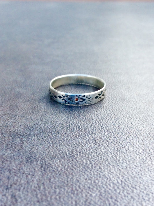 Aztec Stamped Flush-Set Garnet Ring