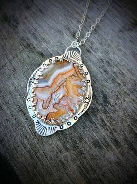 Hand Stamped Mexican Crazy Lace Agate Necklace