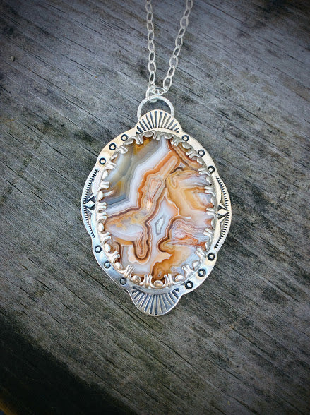 Hand Stamped Mexican Crazy Lace Agate Necklace