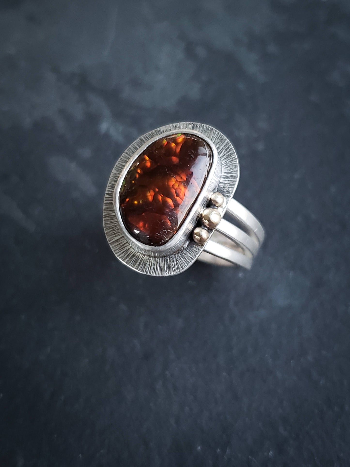 Fire Agate Ring with 14k Gold Granulation