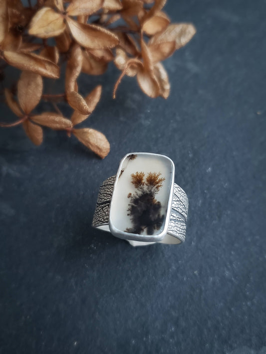 Dendritic Agate Sage Leaf Ring