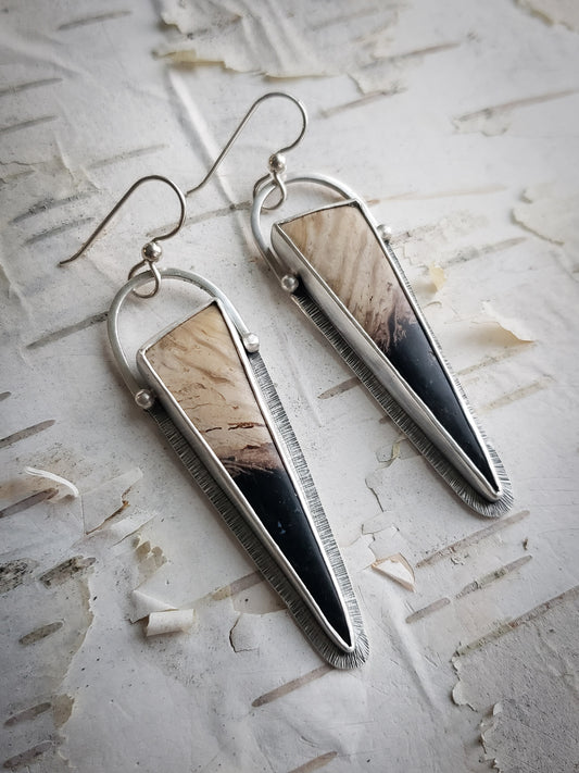 Geometric Petrified Palm Earrings with Granulation