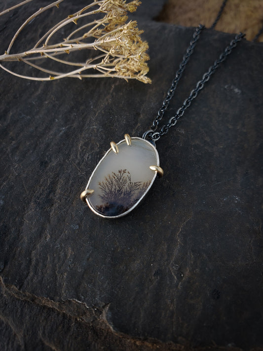 Dendritic Agate and 14k Gold Prong Necklace #1