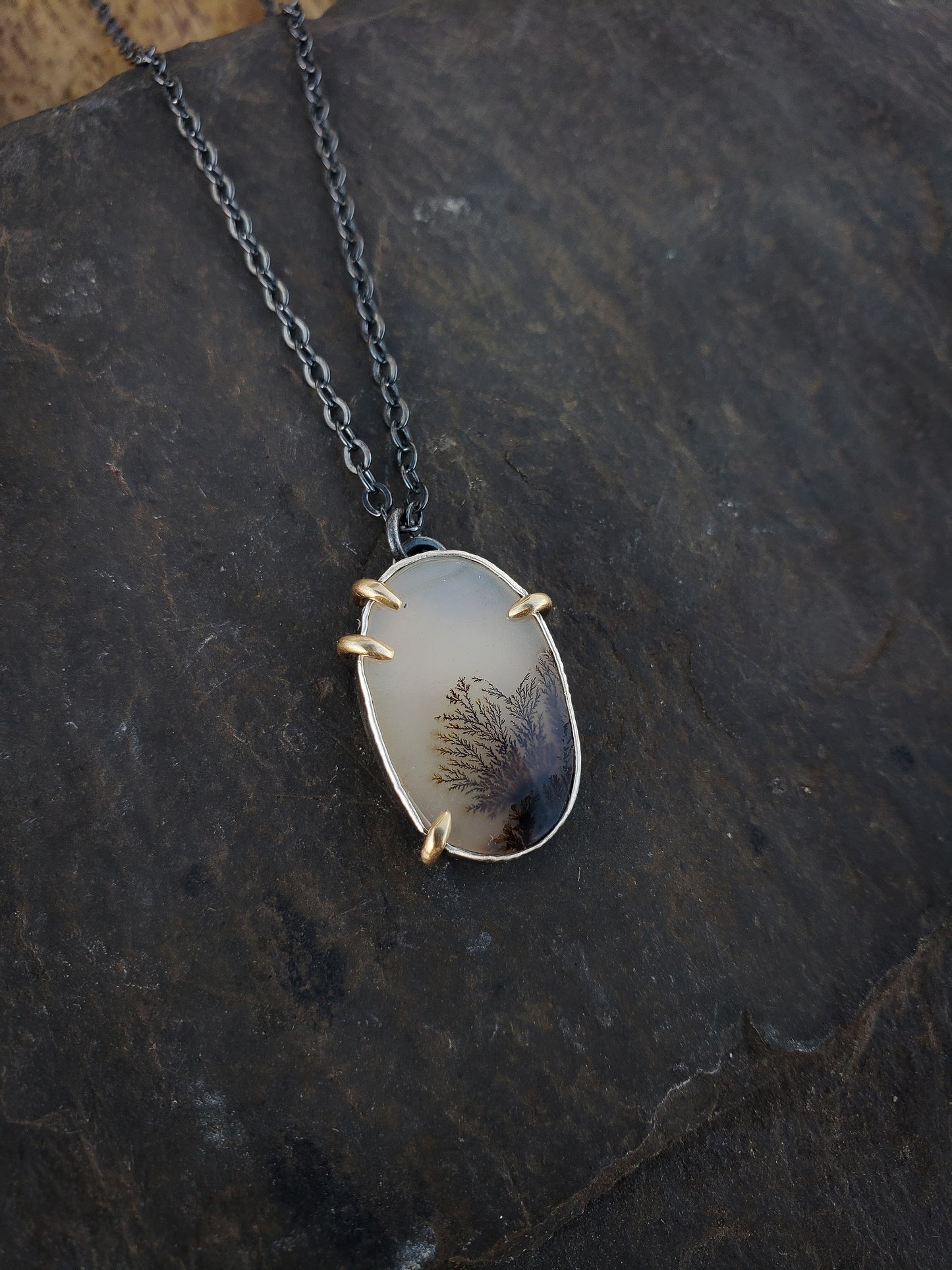 Dendritic Agate and 14k Gold Prong Necklace #1