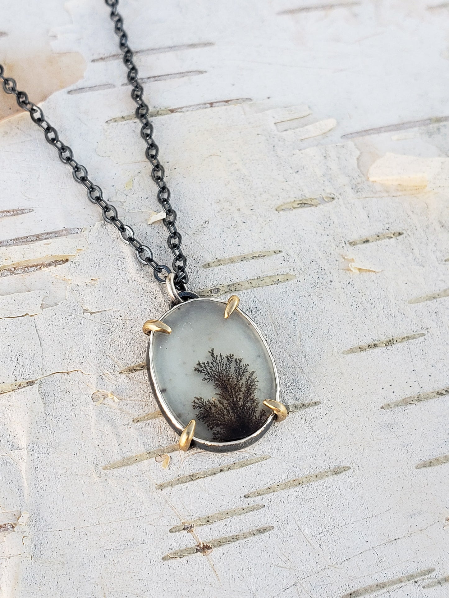 Dendritic Agate and 14k Gold Prong Necklace #2