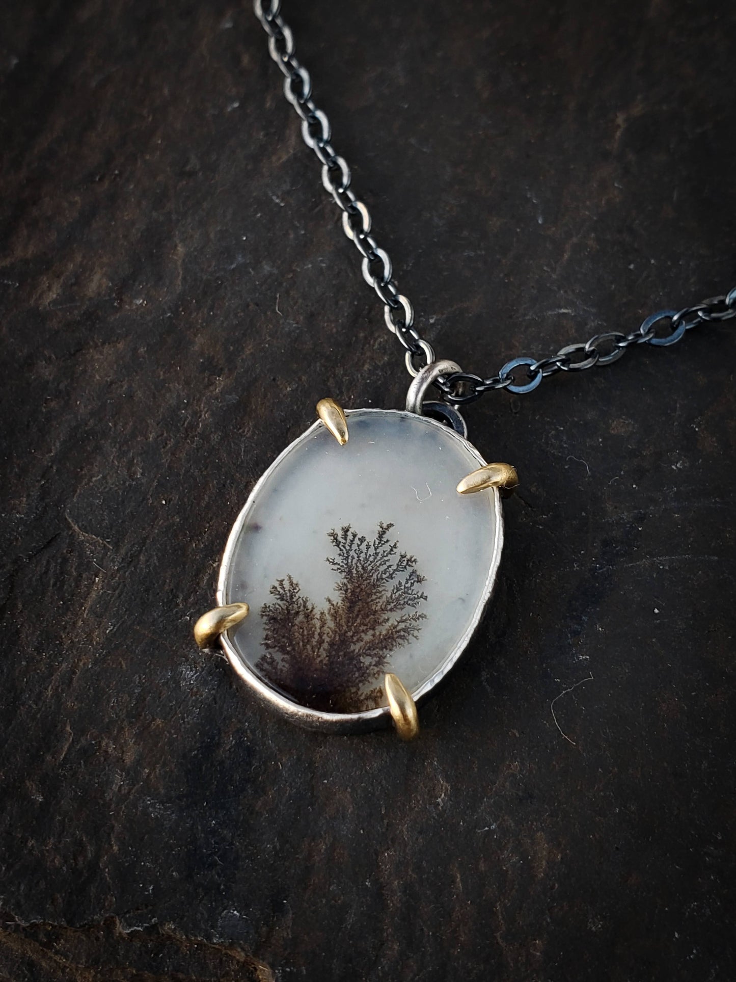 Dendritic Agate and 14k Gold Prong Necklace #2