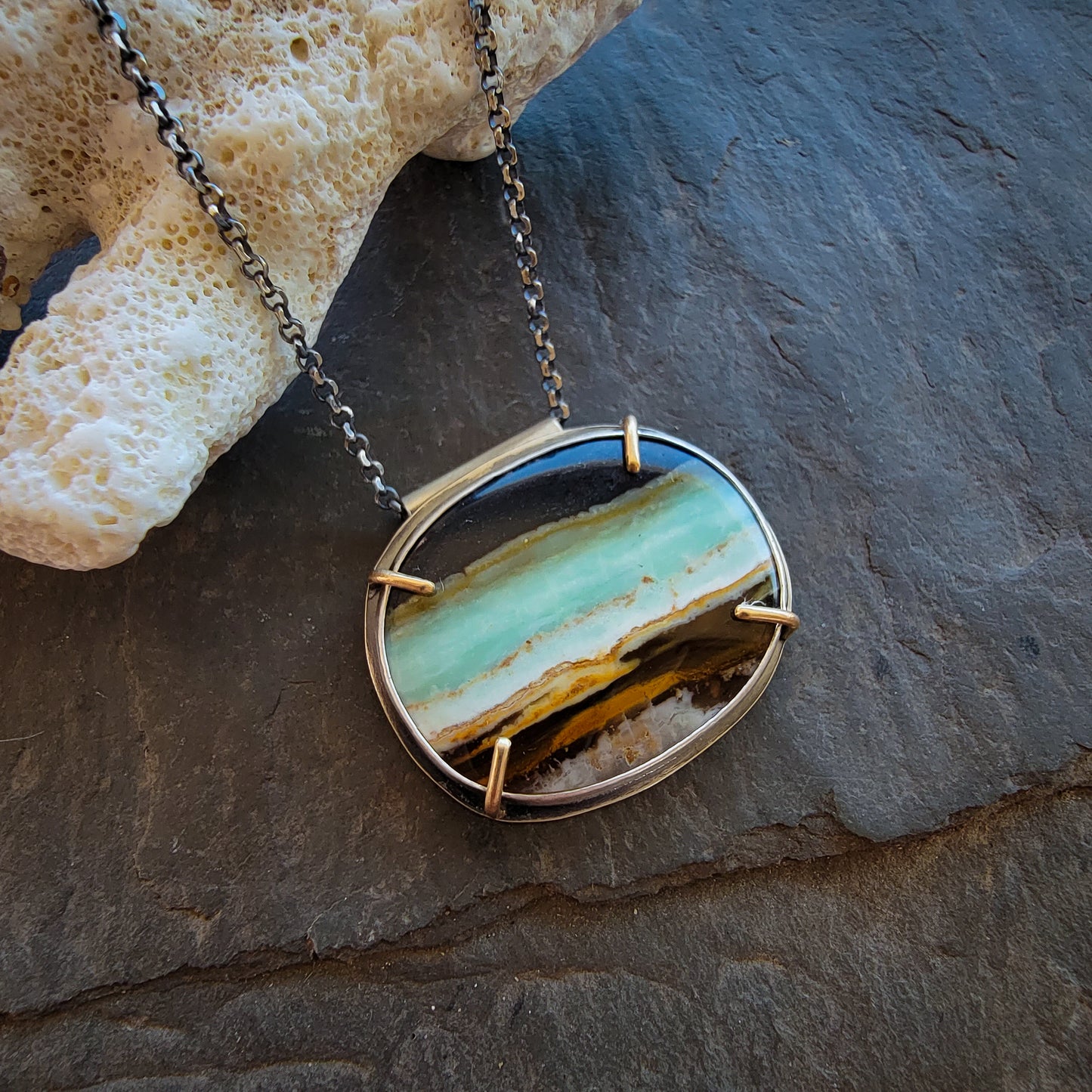 Opalized Wood Necklace with Gold Prongs