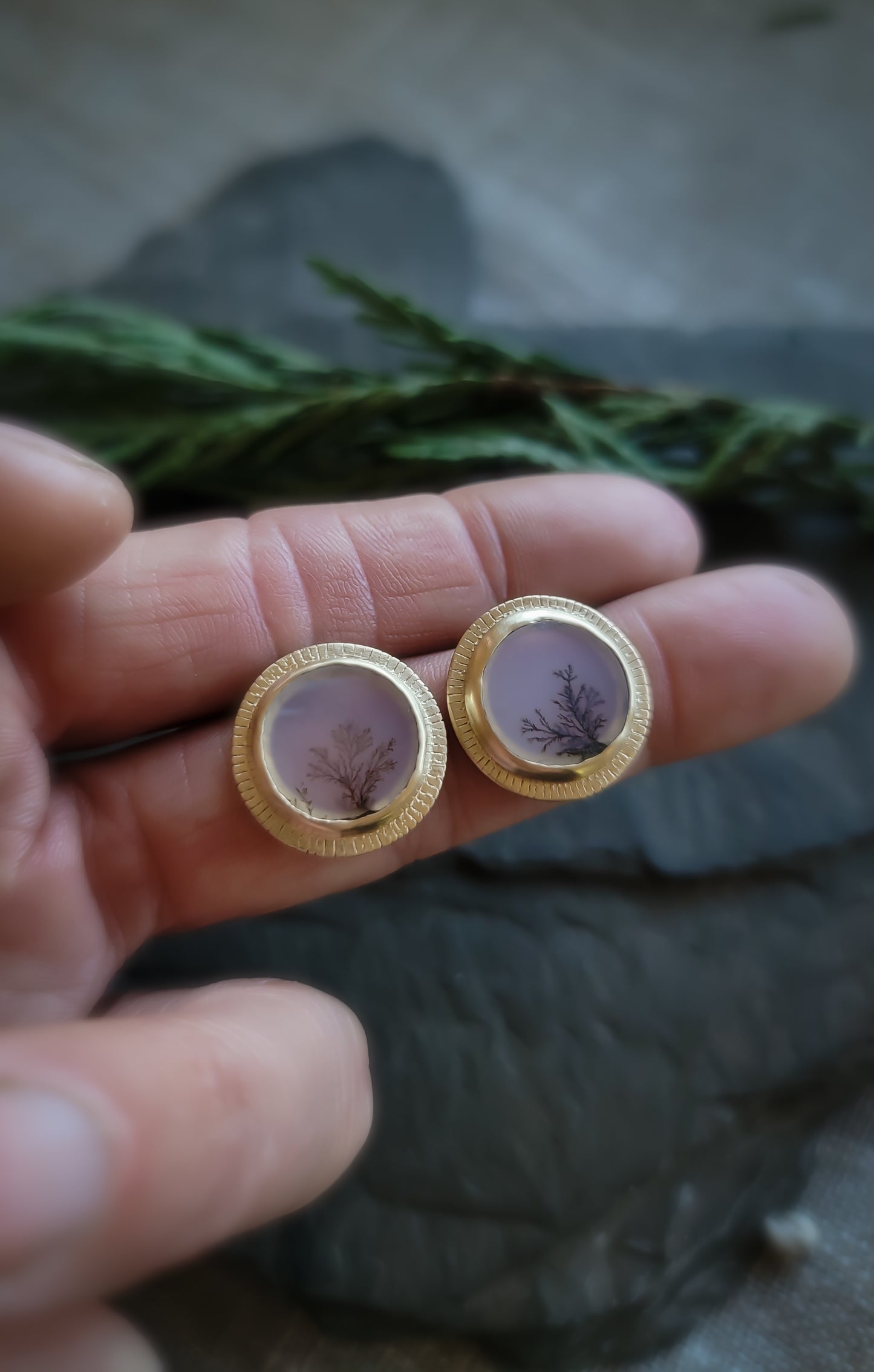 Dendritic Agate Gold Empress Stud Earrings