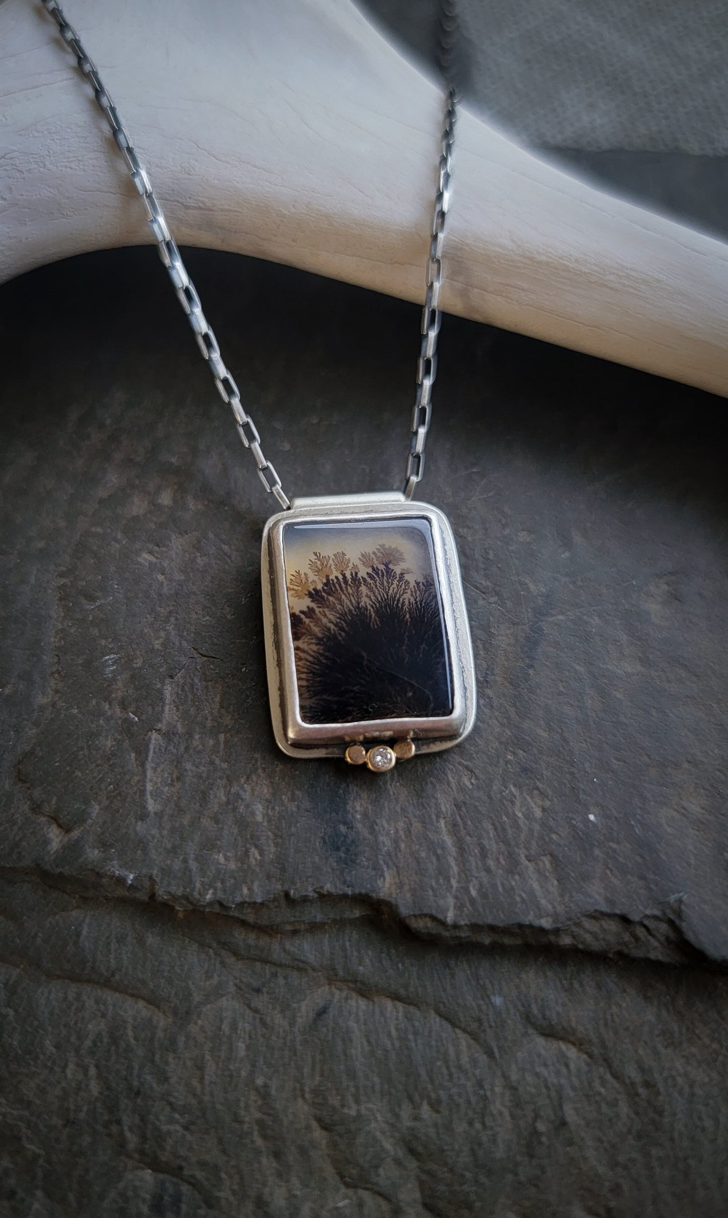 Dendritic Agate and Diamond Mixed Metal Necklace