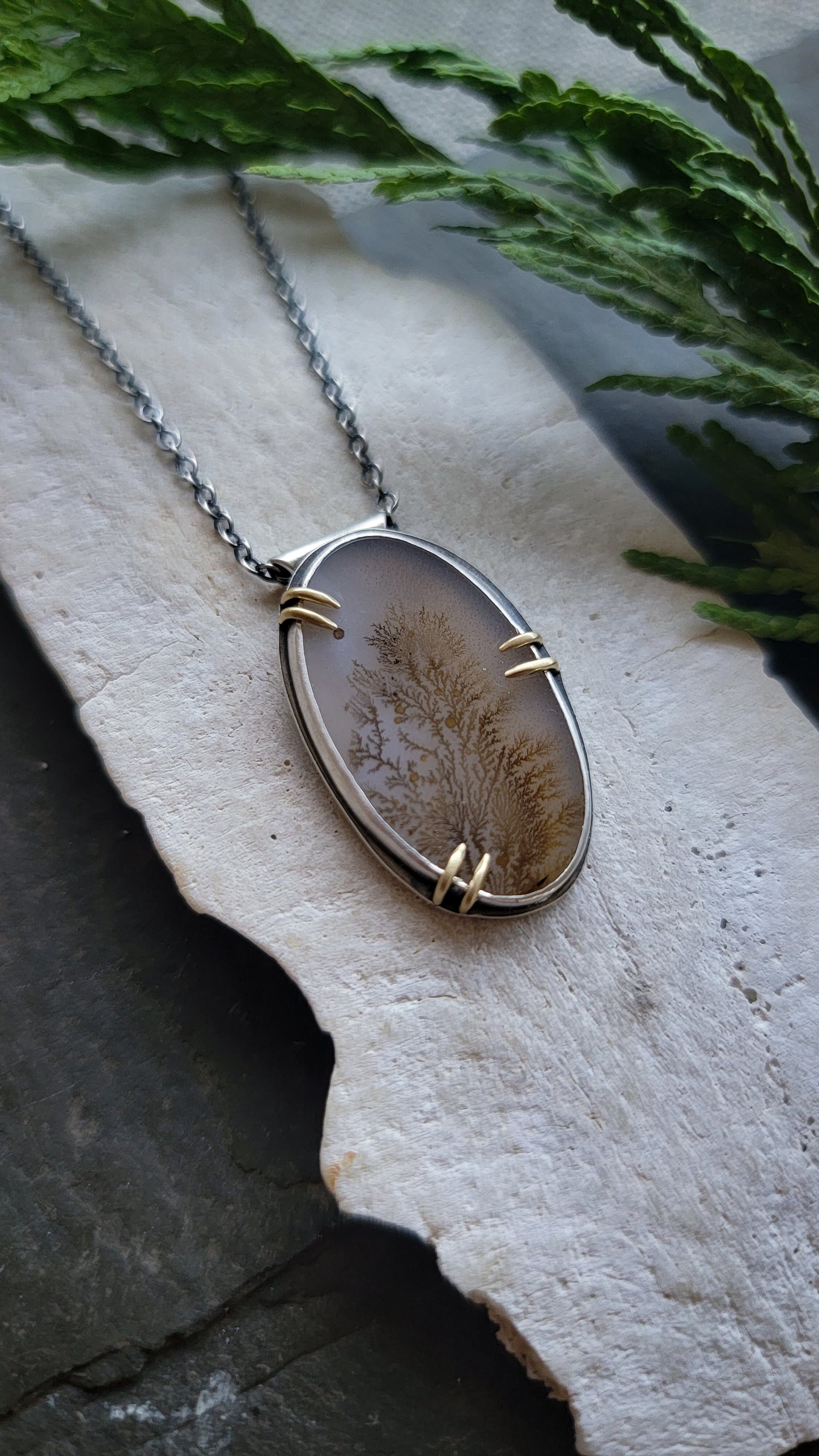Dendritic Agate Gold Prong Necklace