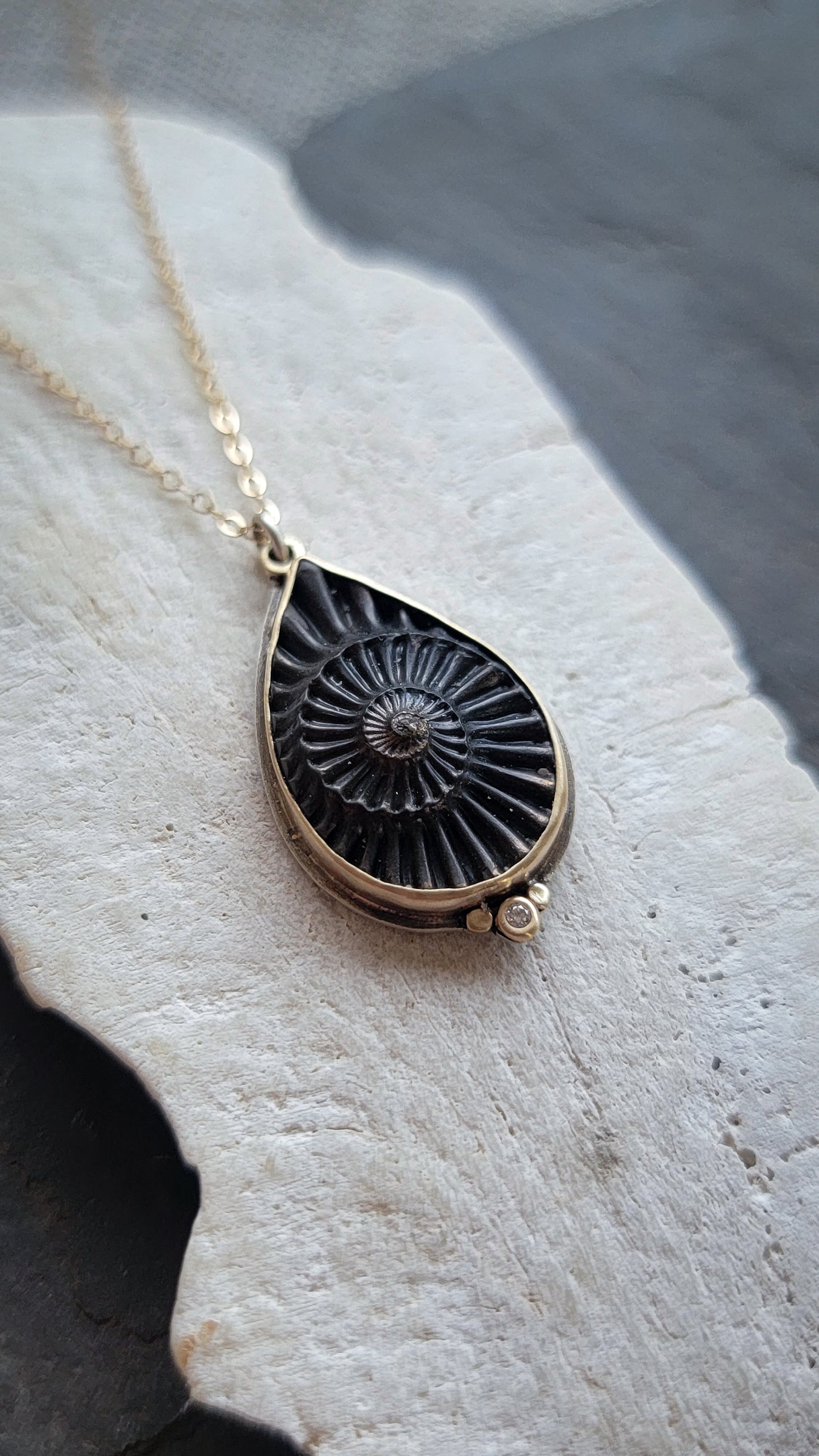 Pyritized Ammonite and Diamond Necklace