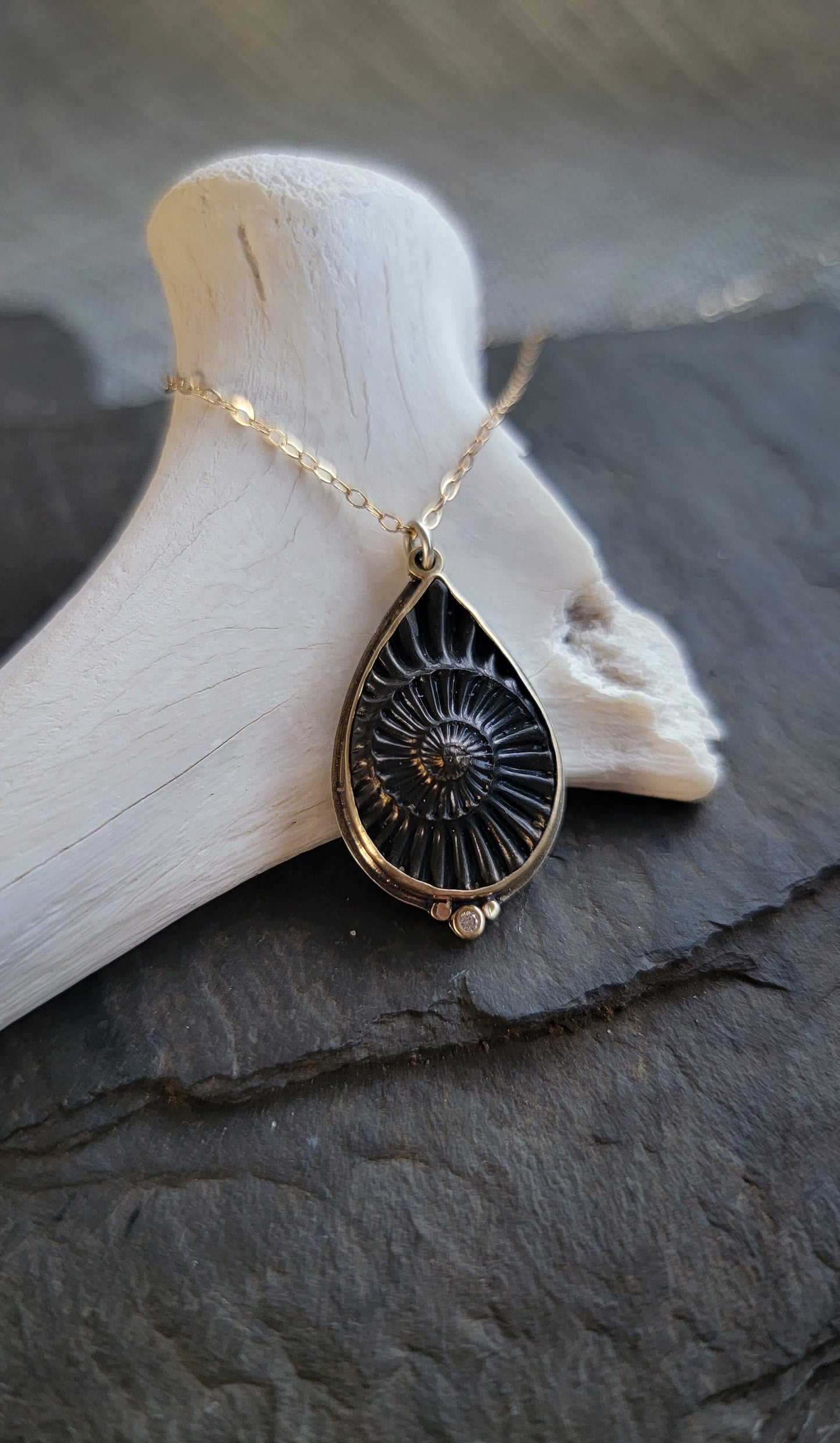 Pyritized Ammonite and Diamond Necklace