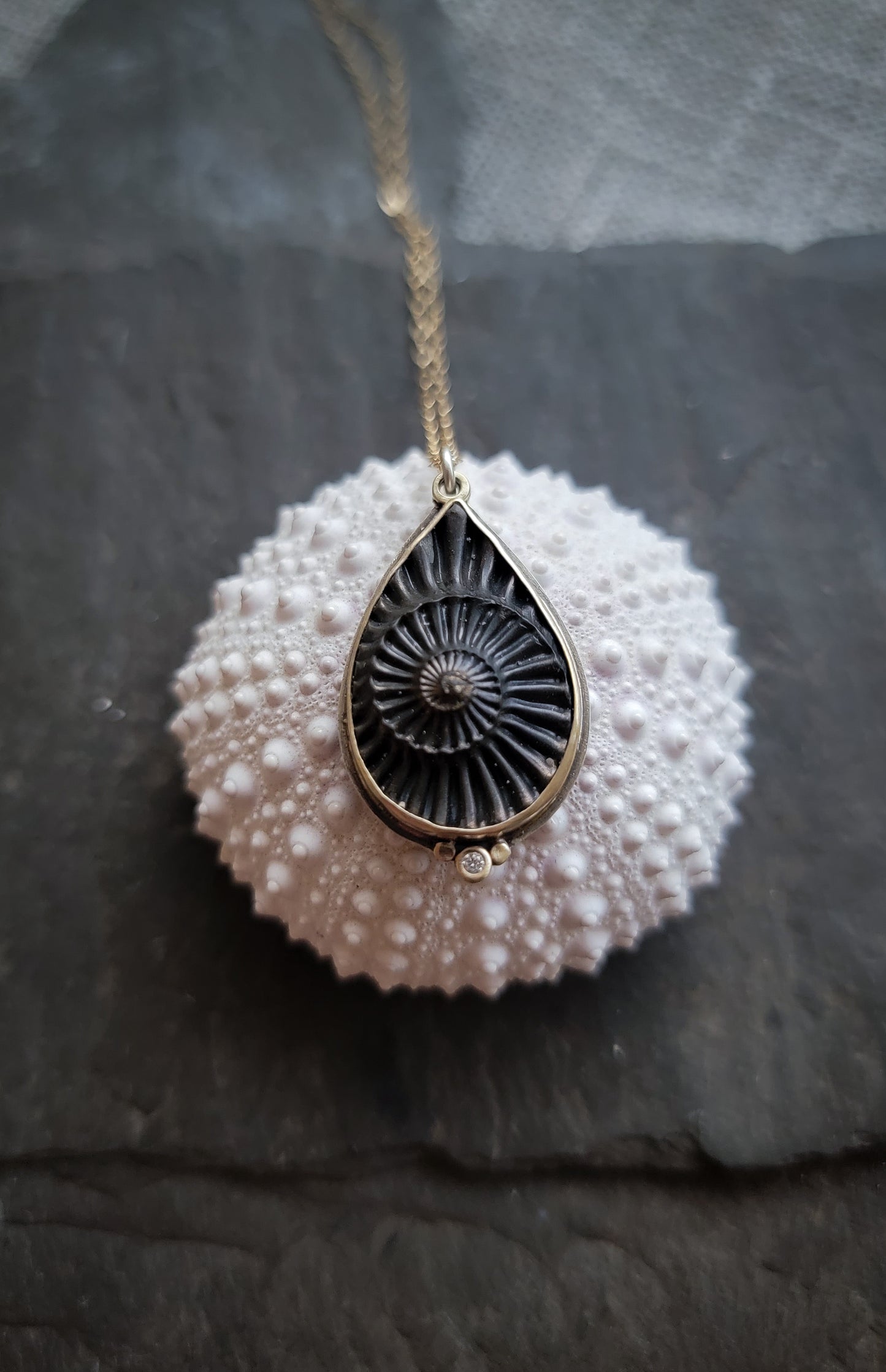 Pyritized Ammonite and Diamond Necklace