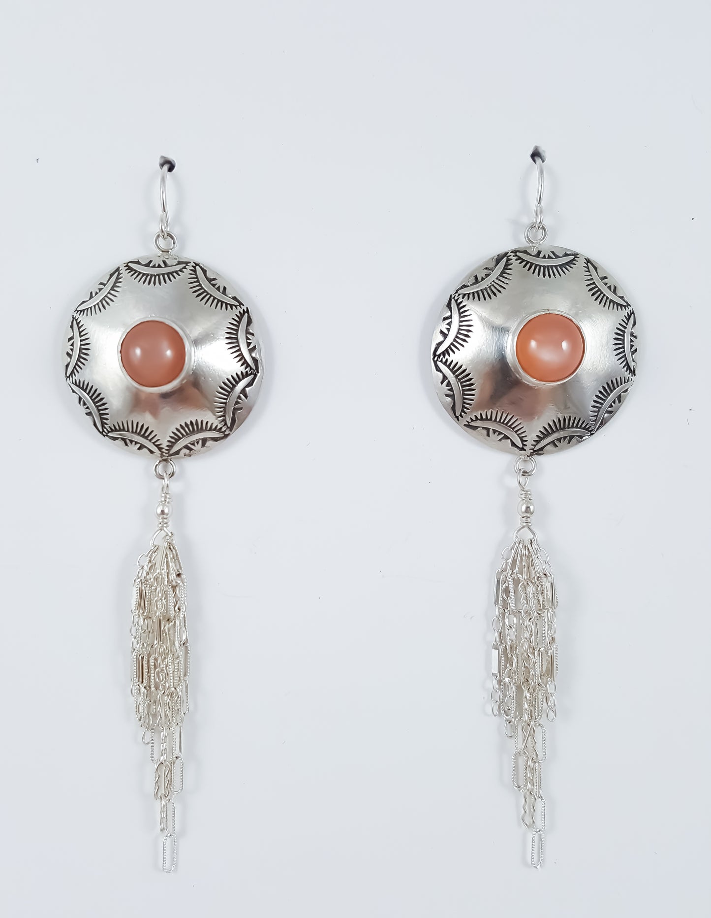 Peach Moon Stone Mandala Tassel Earrings
