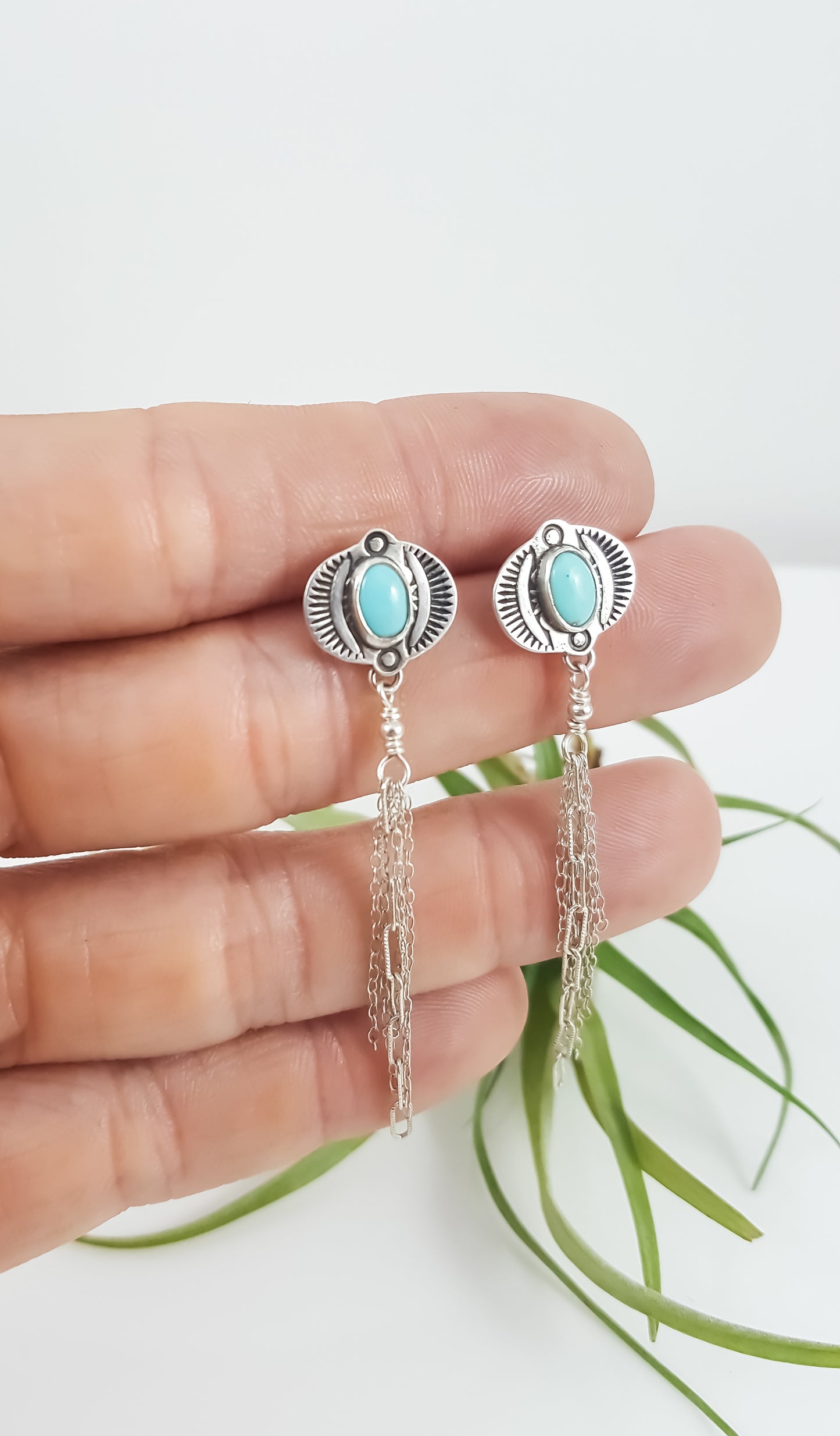 Southwest Stamped Turquoise Tassel Stud Earrings