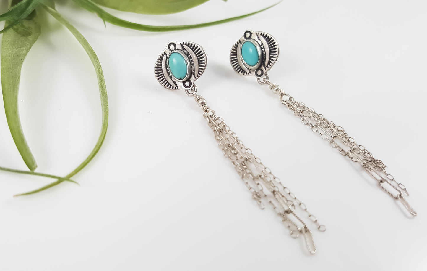 Southwest Stamped Turquoise Tassel Stud Earrings