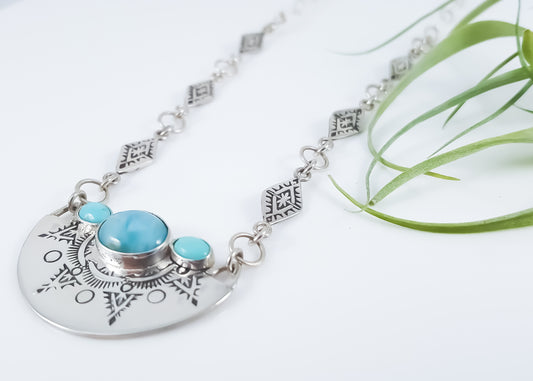 Larimar & Turquoise Hand Stamped Southwest Necklace