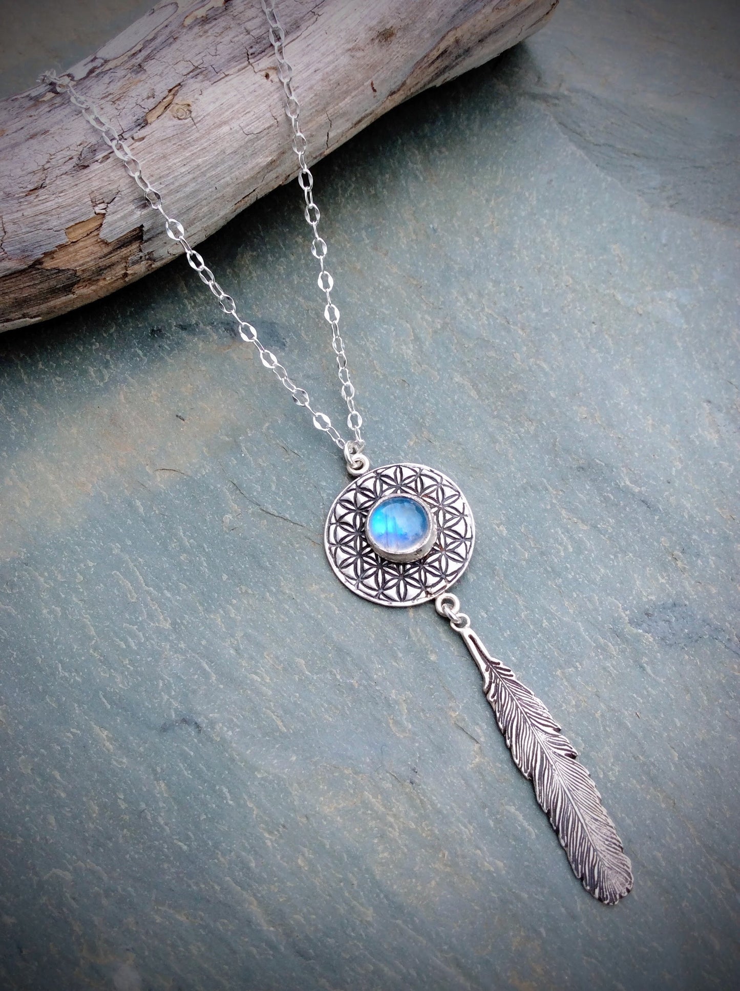 Moonstone Flower of Life Feather Necklace