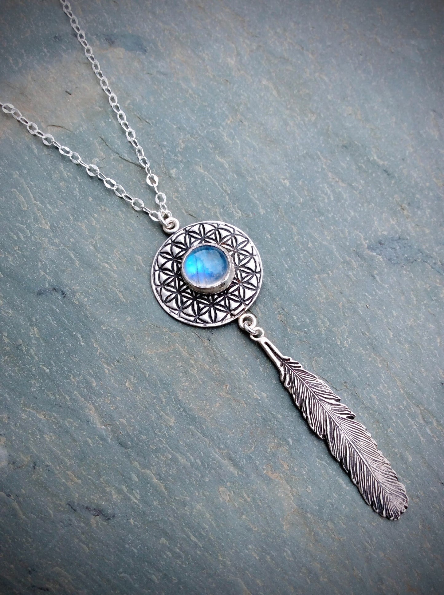 Moonstone Flower of Life Feather Necklace