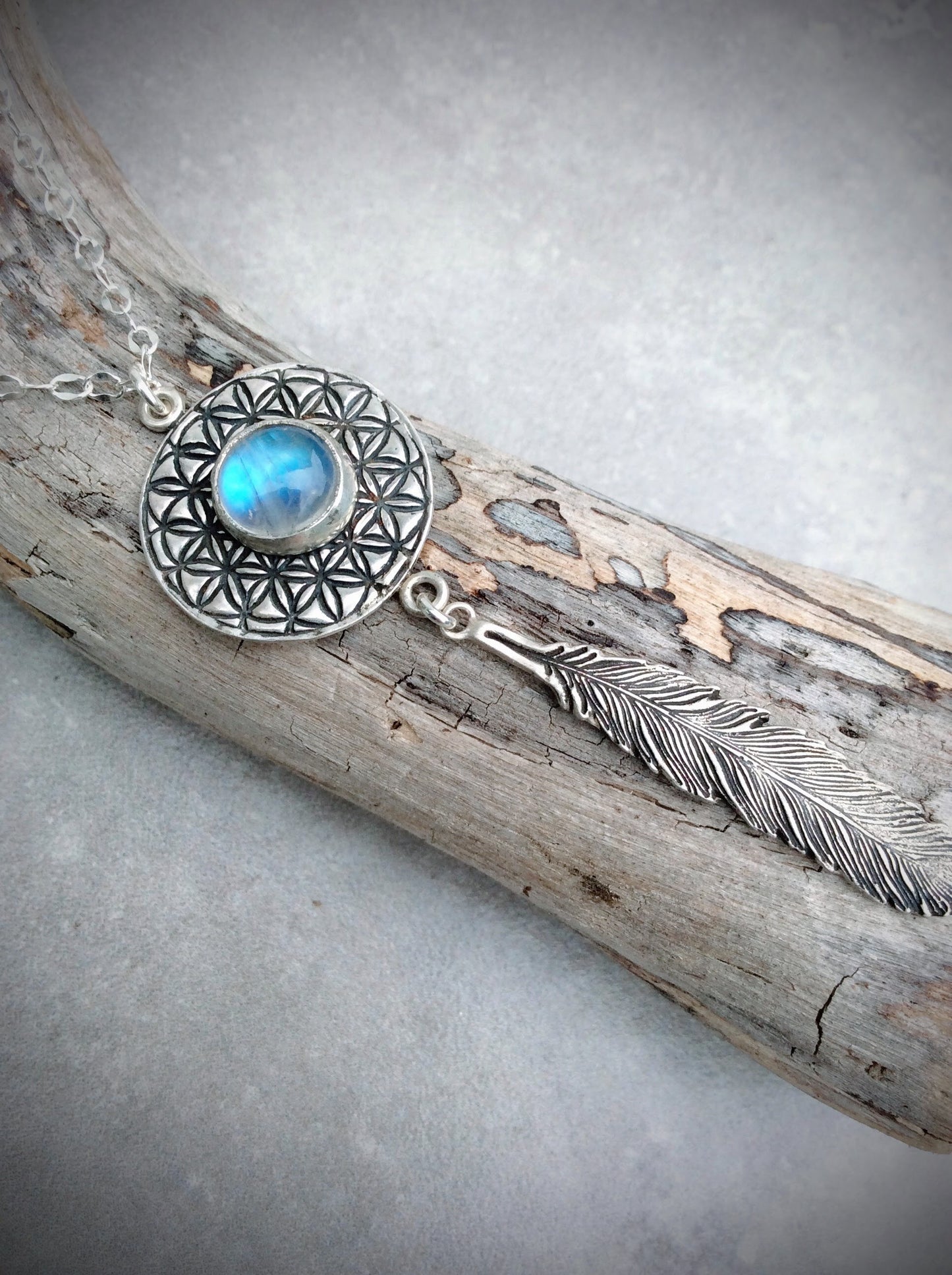 Moonstone Flower of Life Feather Necklace