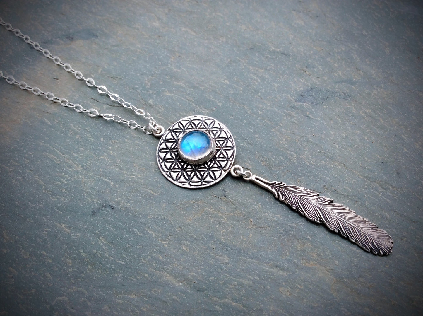 Moonstone Flower of Life Feather Necklace