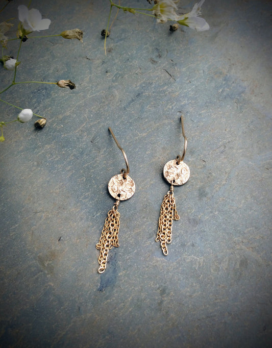 Full Moon Tassel Earrings - Sterling Silver or Bronze with 14 Karart Gold Filled