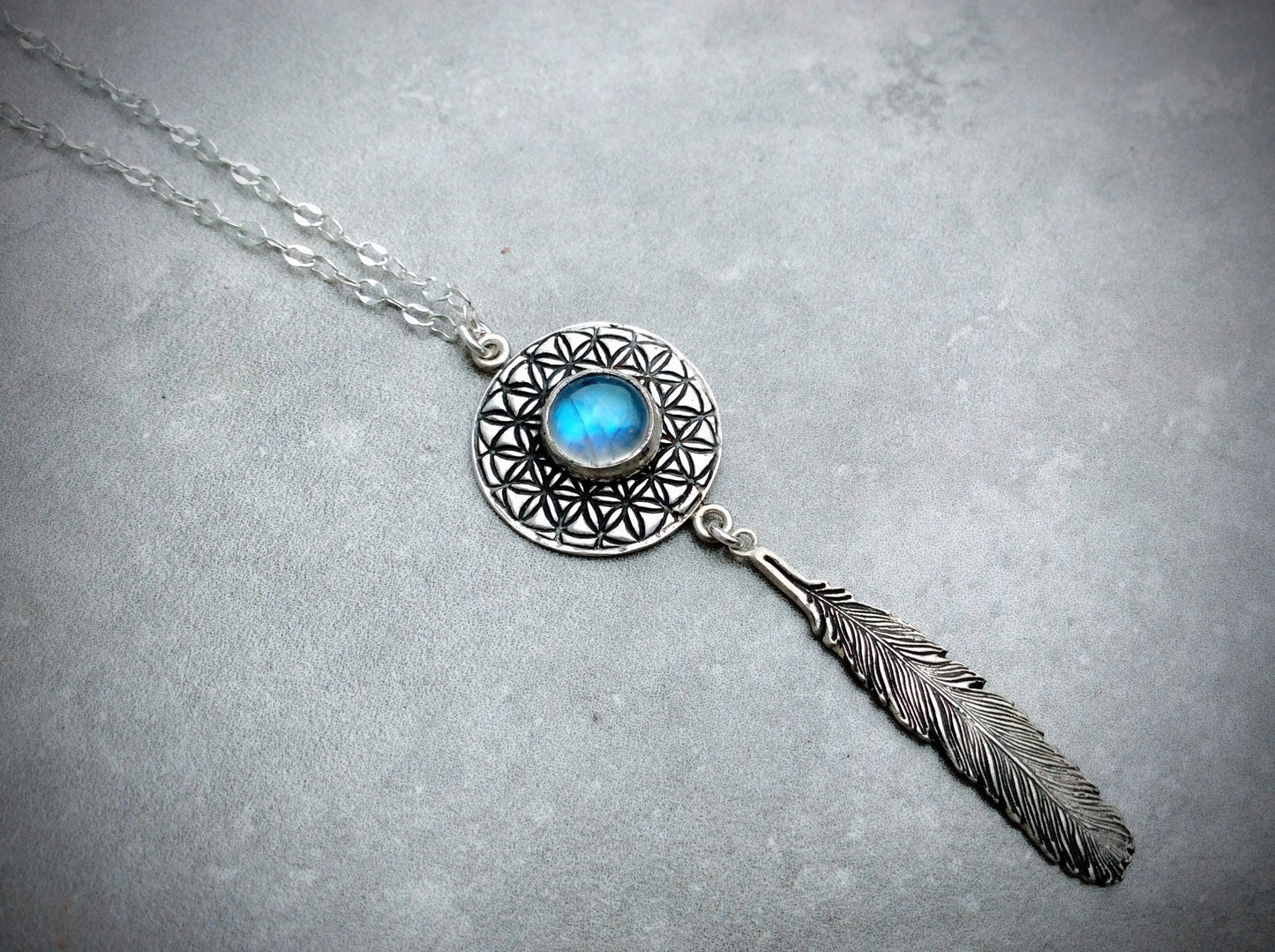 Moonstone Flower of Life Feather Necklace