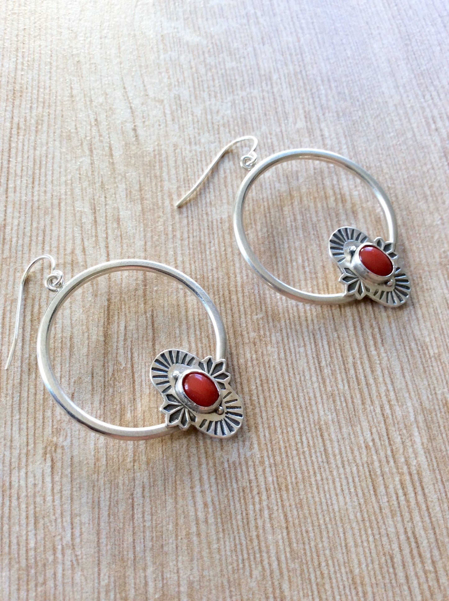 Hand Stamped Coral Hoop Earrings