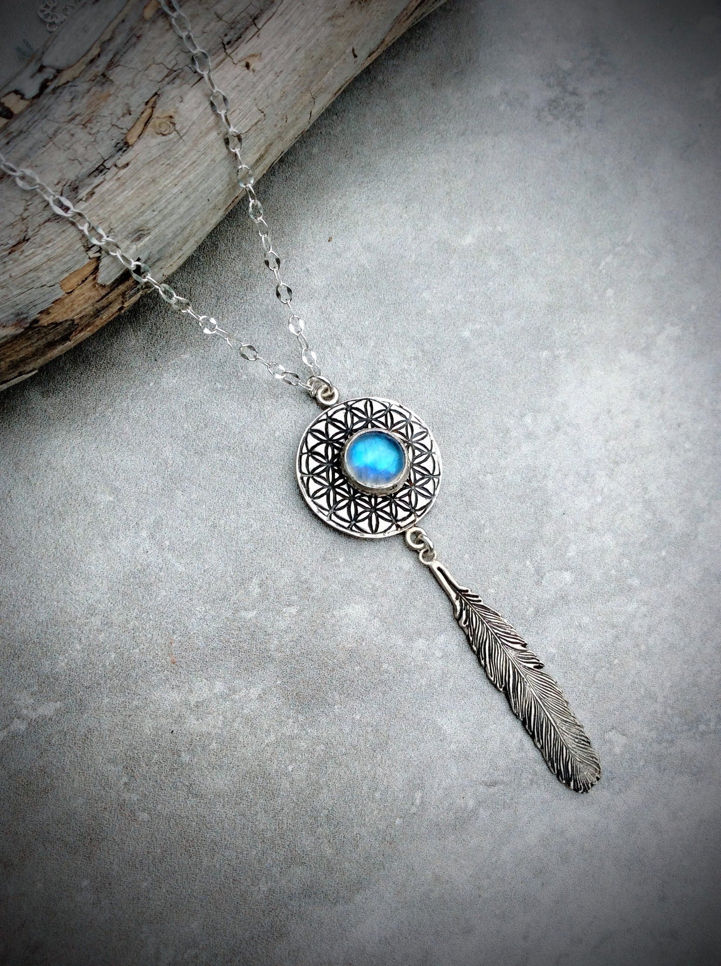 Moonstone Flower of Life Feather Necklace