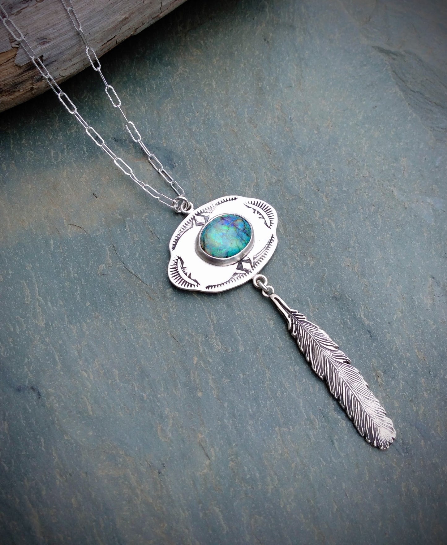 Hand Stamped Opal Feather Necklace