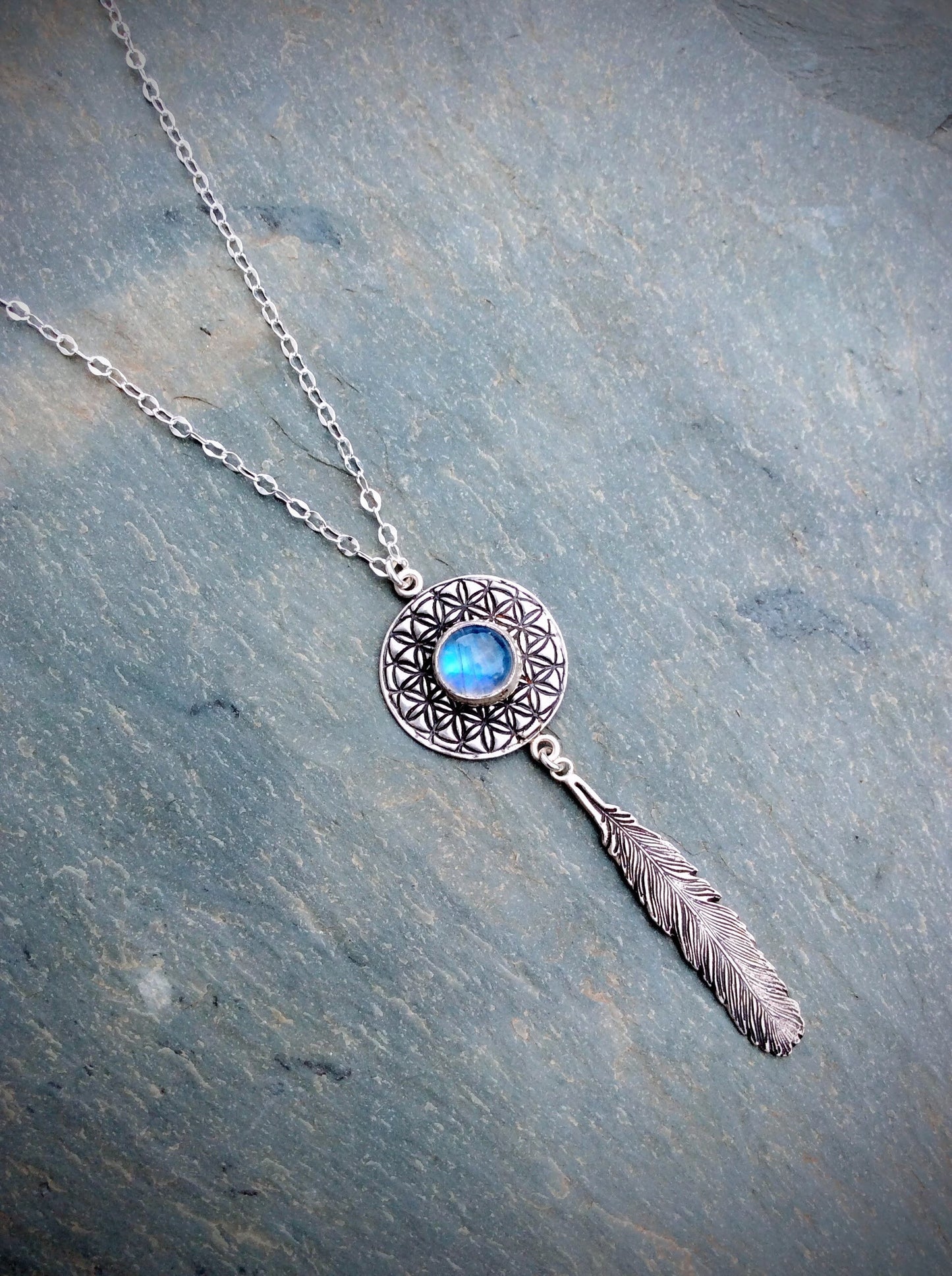 Moonstone Flower of Life Feather Necklace