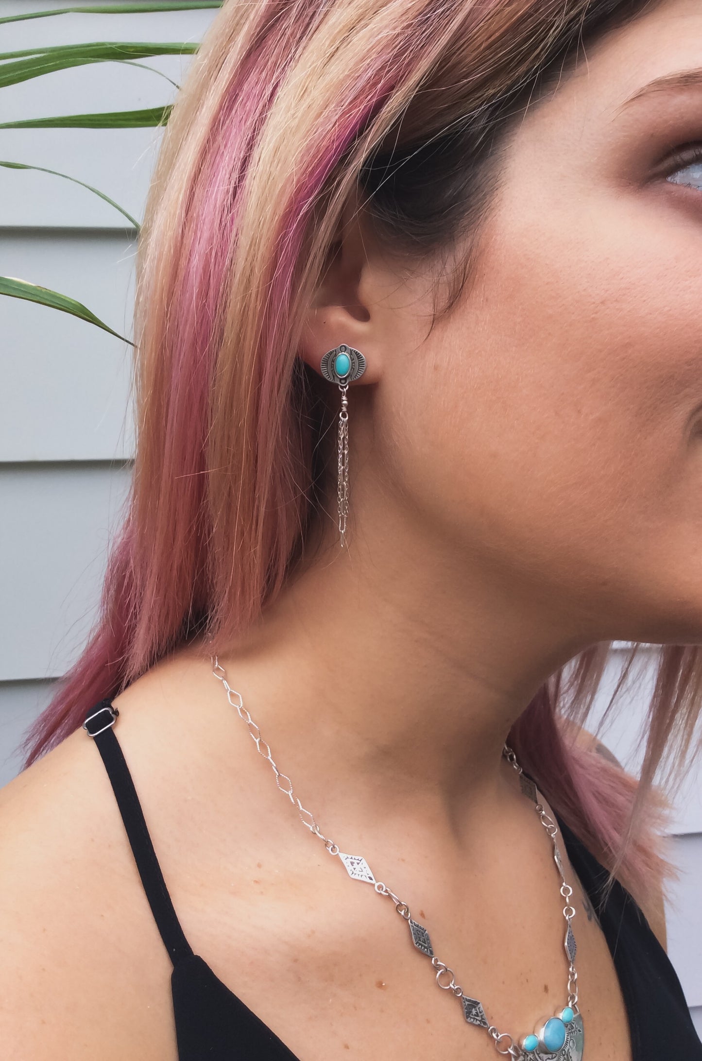 Southwest Stamped Turquoise Tassel Stud Earrings